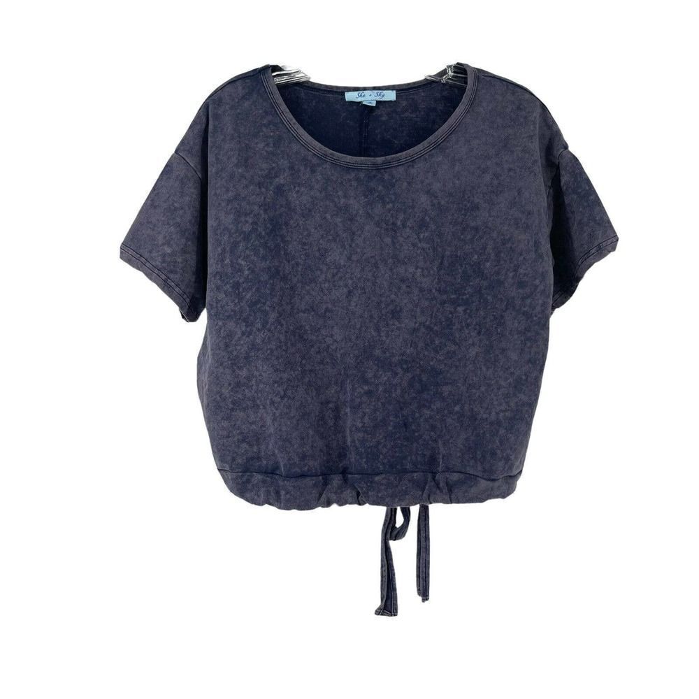 Stonewashed Crop Top Blue Tie Back Keyhole Short Sleeve Size S She + Sky Casual